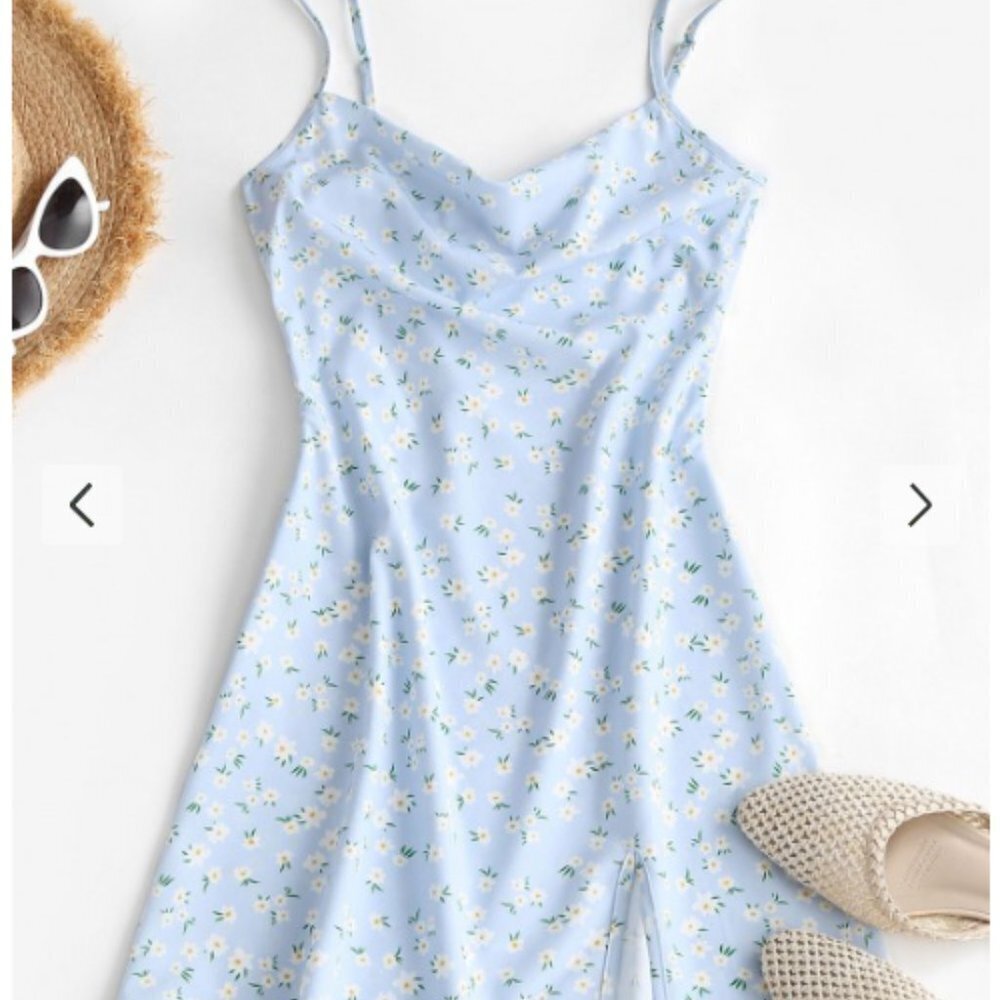NWT Flower Print Cowl Front Backless Slit Dress Floral Blue SilkySoft Material